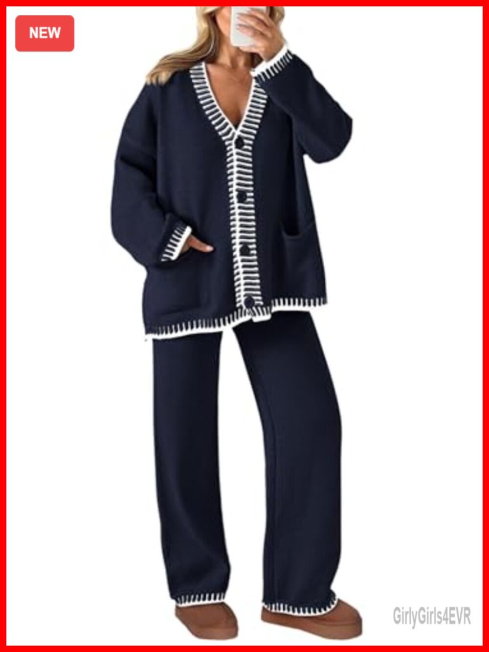 Women's 2 Piece Knit Sweater Lounge Set Button Cardigan Wide Leg Pants Cozy Fall